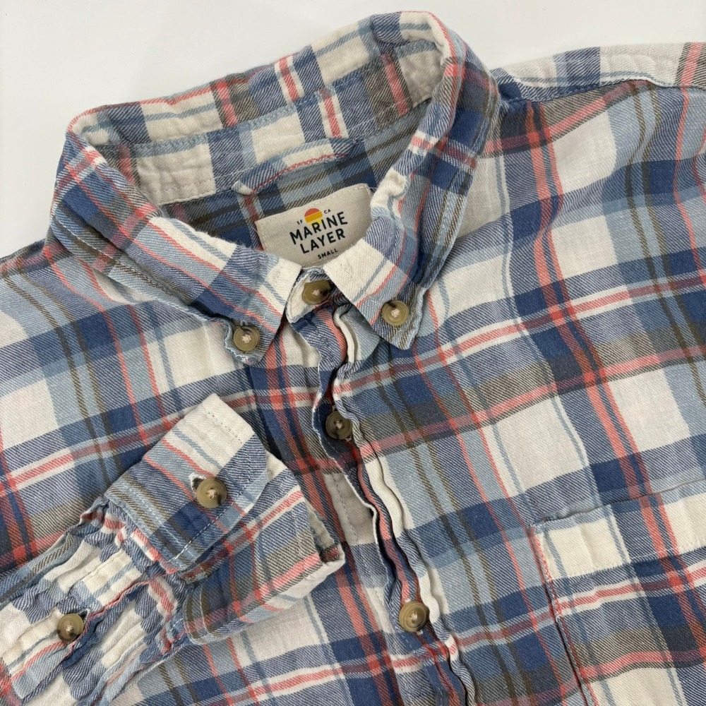 Marine Layer Mens Small Blue Plaid Button Down Shirt Cotton Linen Blend- Flaw
